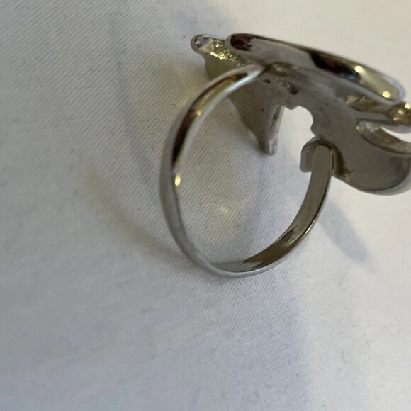 Silver Tone Phoenix Thunderbird Turquoise Coral Inlay Size 7.25 Costume Ring - Picture 7 of 9